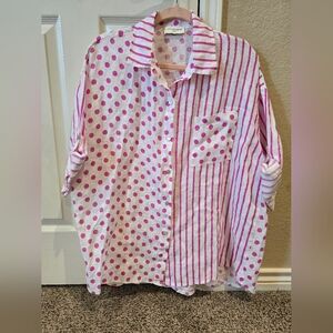Carla Giannini White Linnen Pink Stripes And Dots Shirt Size 10